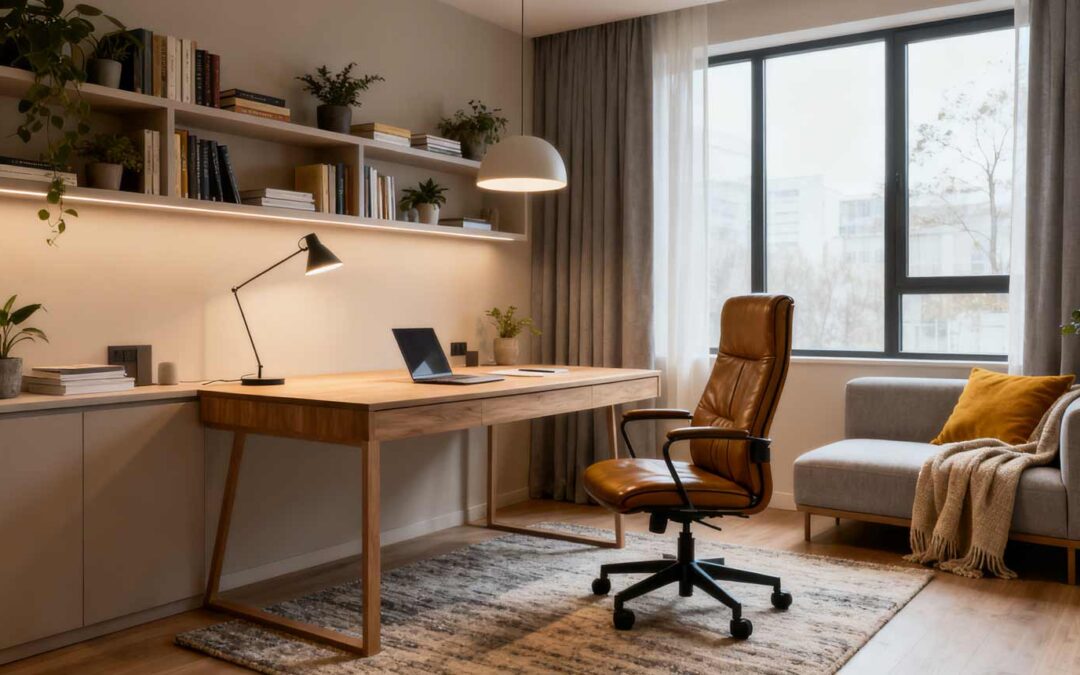 Affordable and stylish home office with warm lighting, natural textures and layered decor