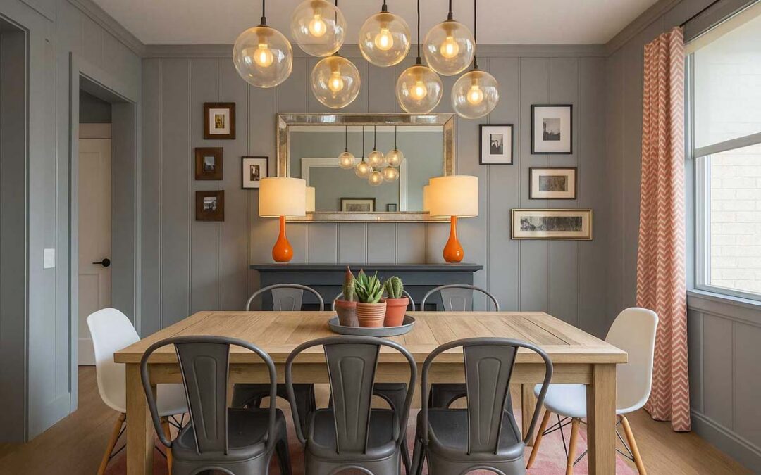 Modern dining room with timber table, pendant lighting and contemporary chairs