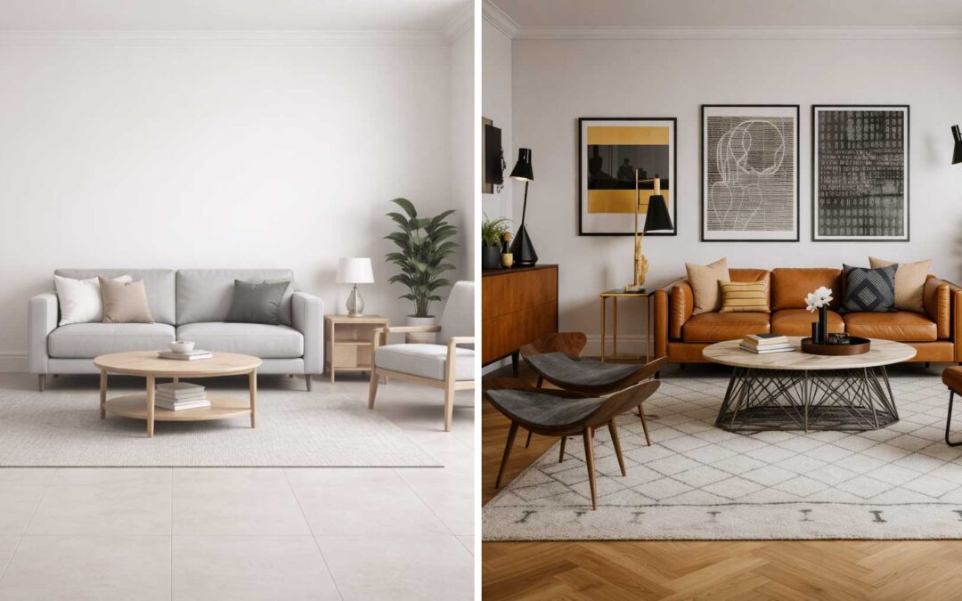 Before and after living room design showing how to add character to a new build home with furniture, art and warm textures