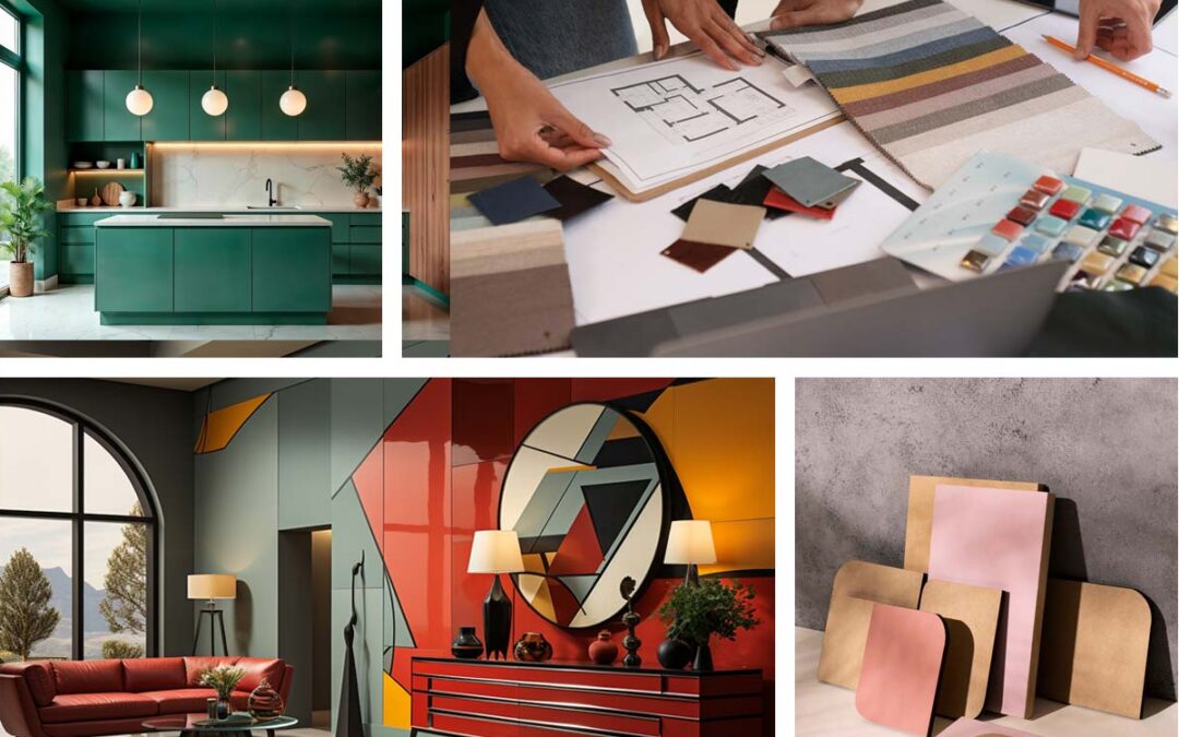 Interior design process including colour palette selection, material samples, and professionally designed interiors