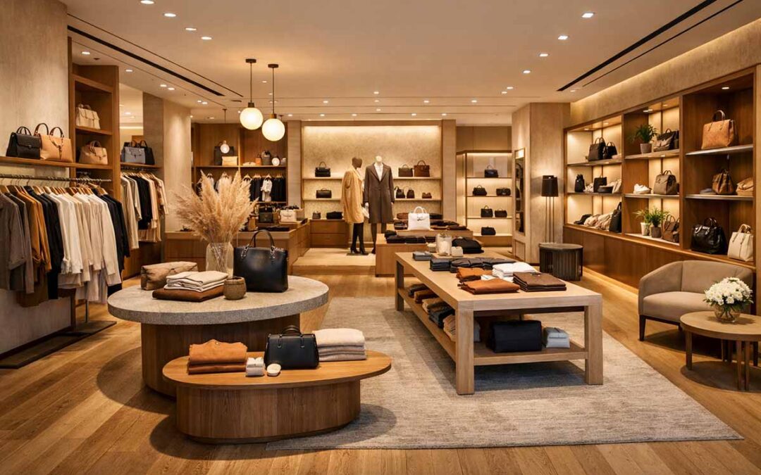 Retail interior design showing a modern boutique store layout with lighting and product displays.