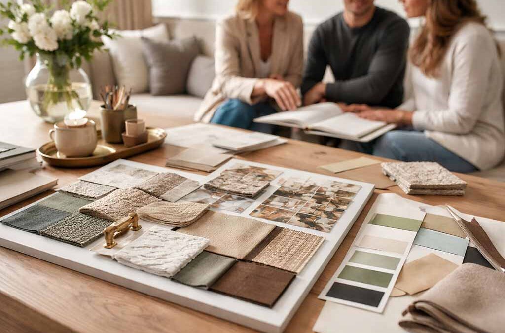 Interior designer discussing design plans with clients in a London home
