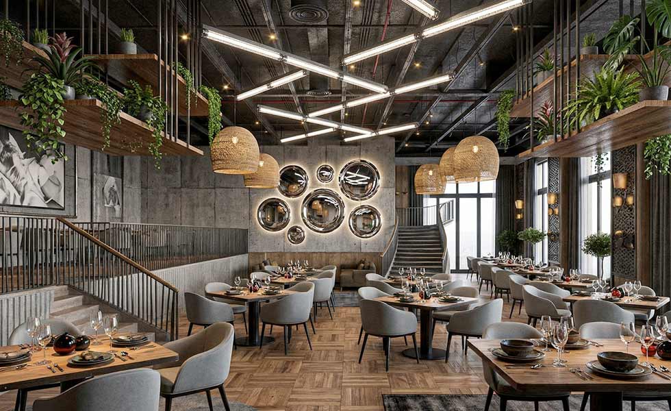 Restaurant interior design example with modern layout, ambient lighting, and functional dining space