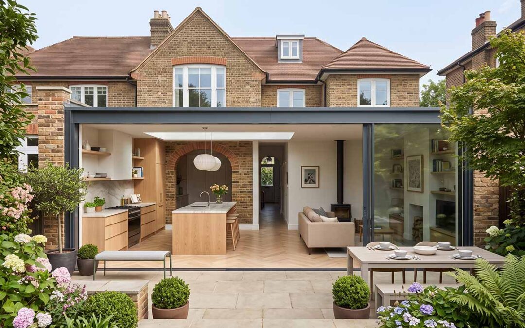 Contemporary house extension with open-plan kitchen, dining and living space designed by an interior designer.
